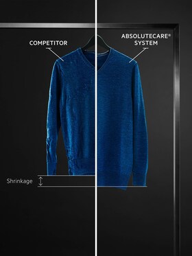 En sammenligning mellem to uldtrøjer, der viser krympning kontra nul krympning med AEG's AbsoluteCare® System