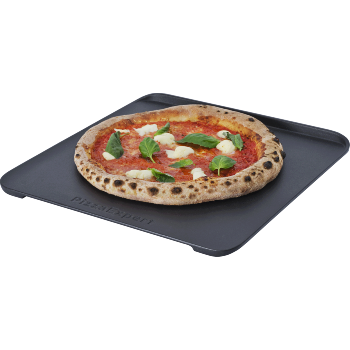 A classic Neapolitan Margherita pizza on the Pizza Expert cast iron tray