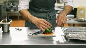En kok, der fremviser et fad med perfekt arrangeret gourmet-mad