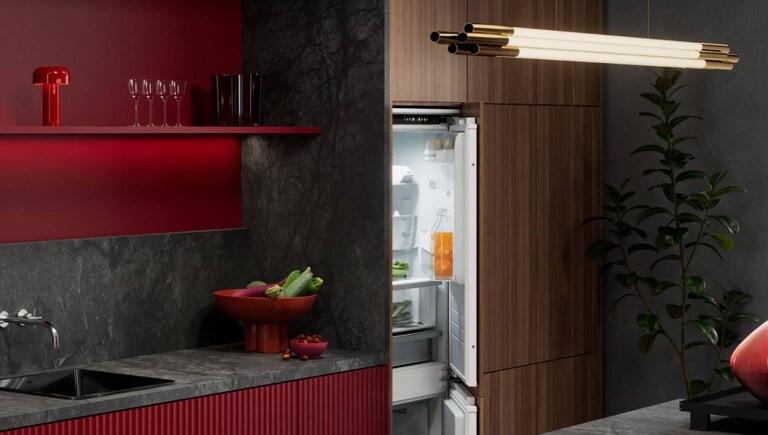 Et køle-/fryseskab med åben dør i et AEG køkken.