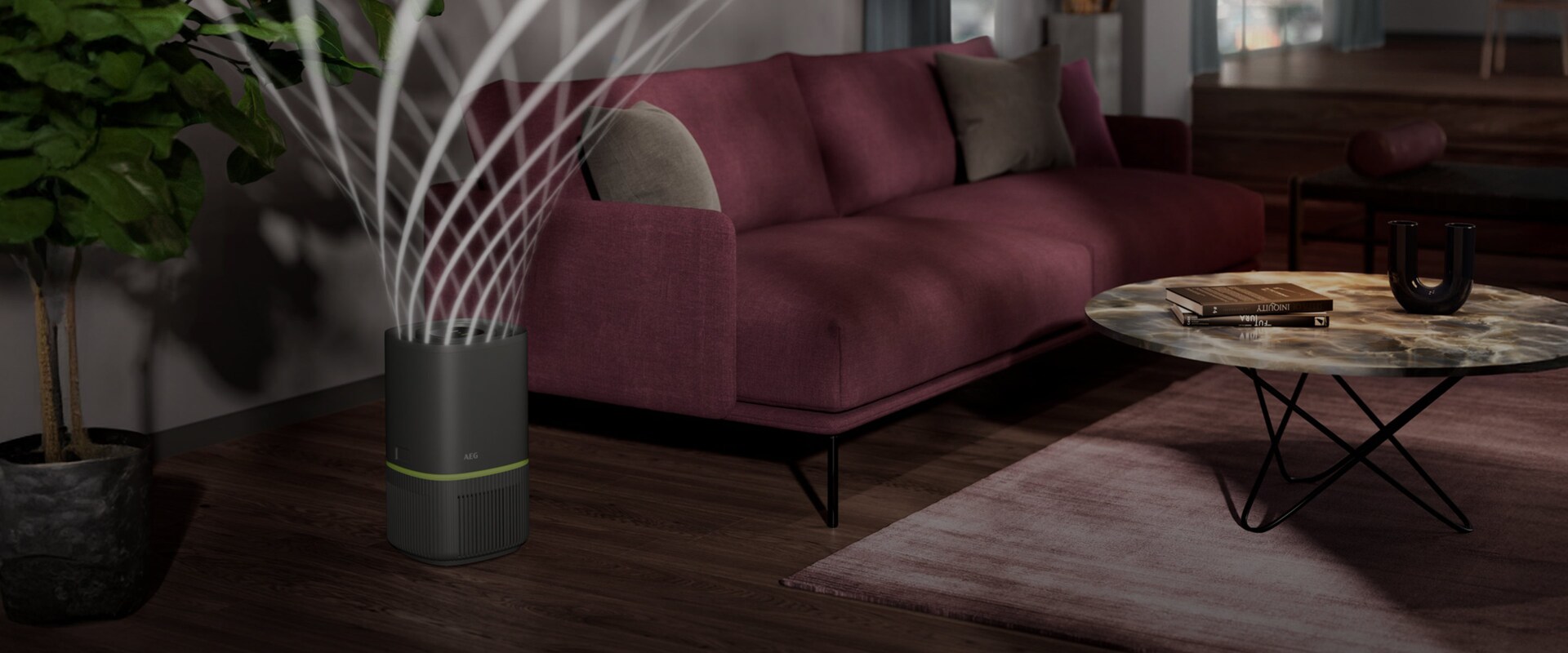 AEG luftrenser i en stue med en visualisering af en kraftfuld luftcirkulation, som spreder ren luft i hele rummet.